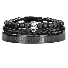 Laden Sie das Bild in den Galerie-Viewer, DREITEILIGES HERRENARMBAND AUS EDELSTAHL MIT TOTENKOPF - BARBER TRENDS WORLD