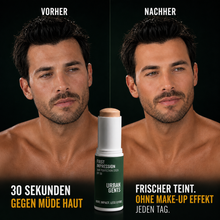 Laden Sie das Bild in den Galerie-Viewer, URBAN GENTS - FIRST IMPRESSION Skin Perfection Stick im Vorher-Nachher-Vergleich: müder, unruhiger Teint vor der Anwendung und frischer, gleichmäßiger Teint ohne Make-up-Effekt danach.