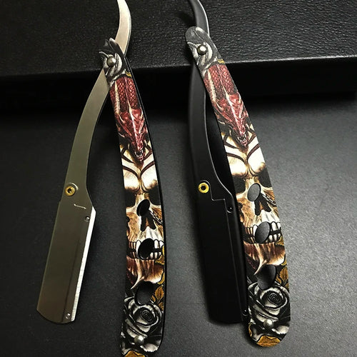 ROCK´N ROLL RASIERMESSER AUS EDELSTAHL MIT TOTENKOPF PRINTS - BARBER TRENDS WORLD