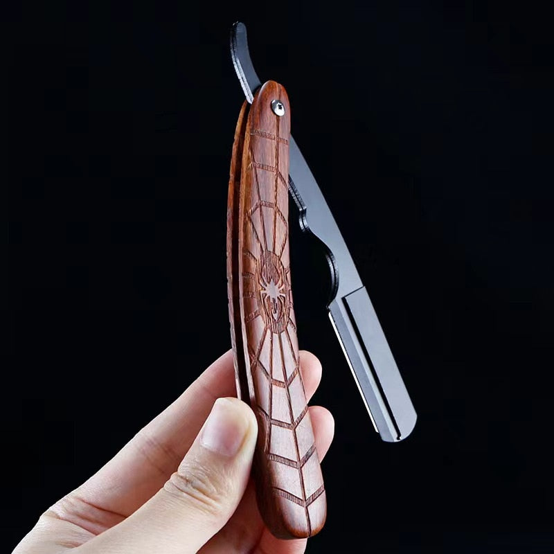 FALTBARES PROFI-RASIERMESSER MIT HANDGESCHNITZTEM HOLZGRIFF - BARBER TRENDS WORLD